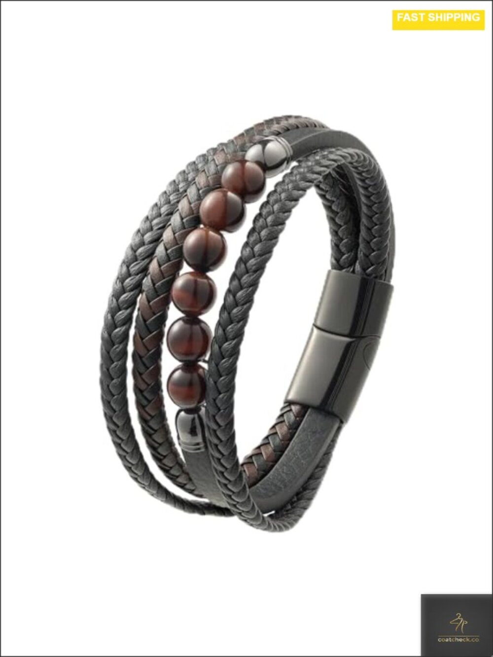 Braided Leather Bracelet Gemstone Beads Stainless Steel Clasp Mens